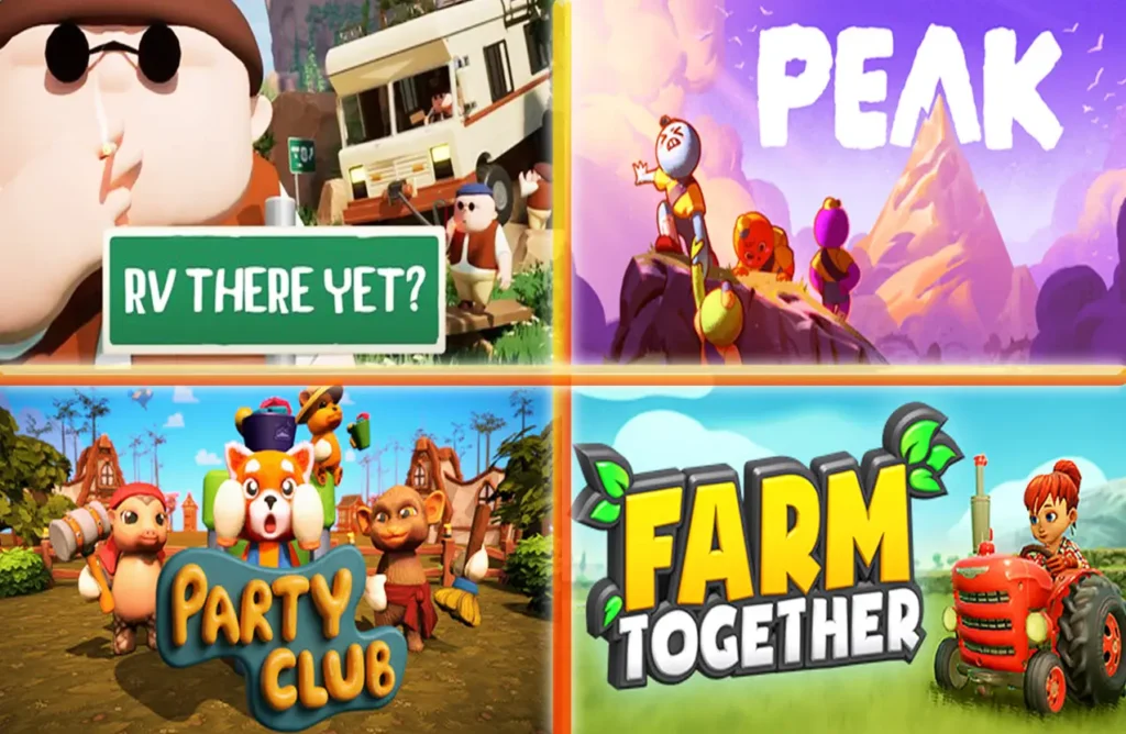 A collage of four game thumbnails: RV There Yet?, Peak, Party Club, and Farm Together.
