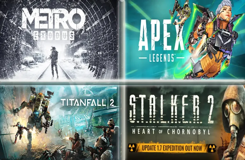 Game covers for Metro Exodus, Apex Legends, Titanfall 2, and STALKER 2.