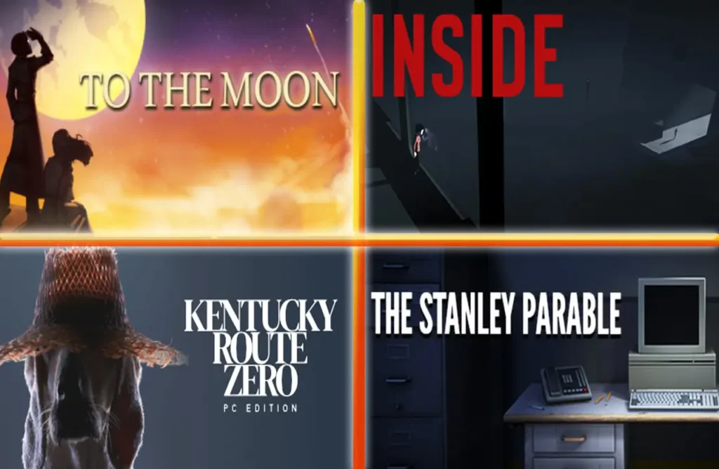 A collage of four video game covers: To the Moon, Inside, Kentucky Route Zero, and The Stanley Parable.