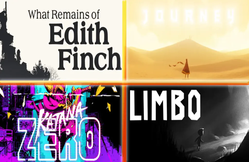 A collage of four game covers: What Remains of Edith Finch, Journey, Katana Zero, and Limbo.