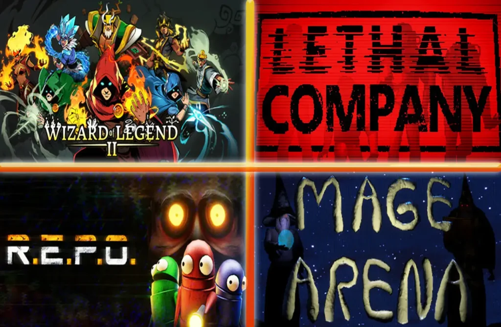 A collage of four game thumbnails: Wizard of Legend II, Lethal Company, R.E.P.O., and Mage Arena.