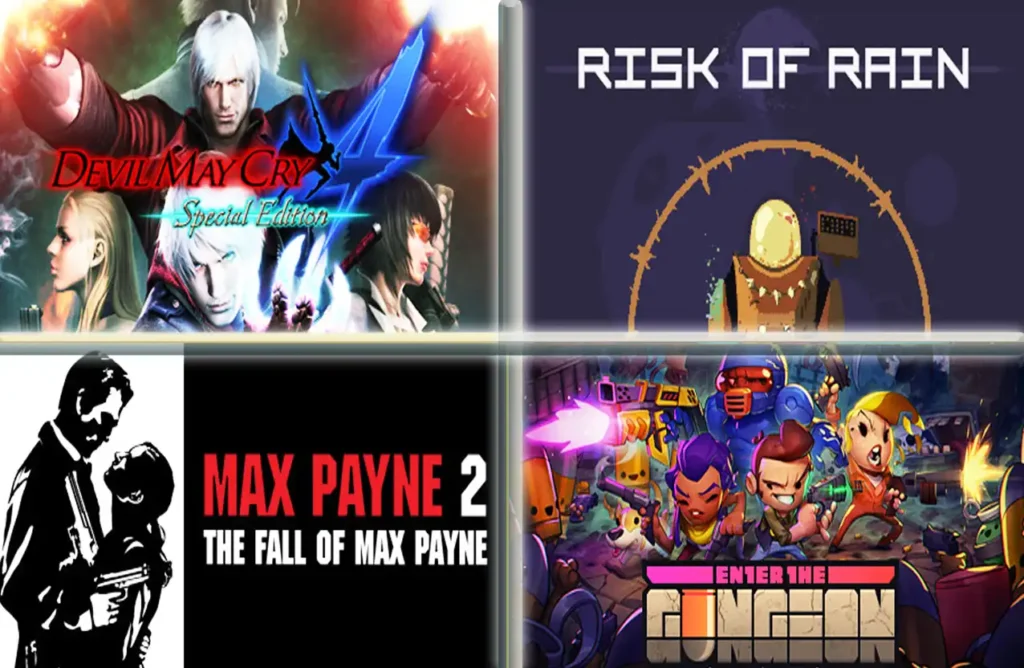 Covers for Devil May Cry 4, Risk of Rain, Max Payne 2, and Enter the Gungeon.