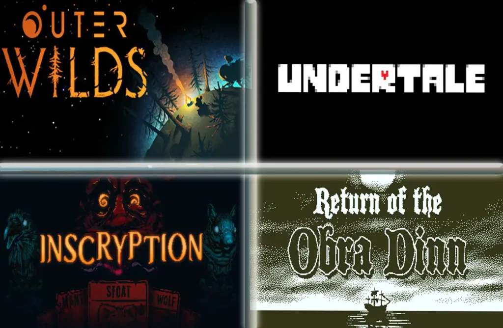 A collage of four indie game covers: Outer Wilds, Undertale, Inscryption, and Return of the Obra Dinn.