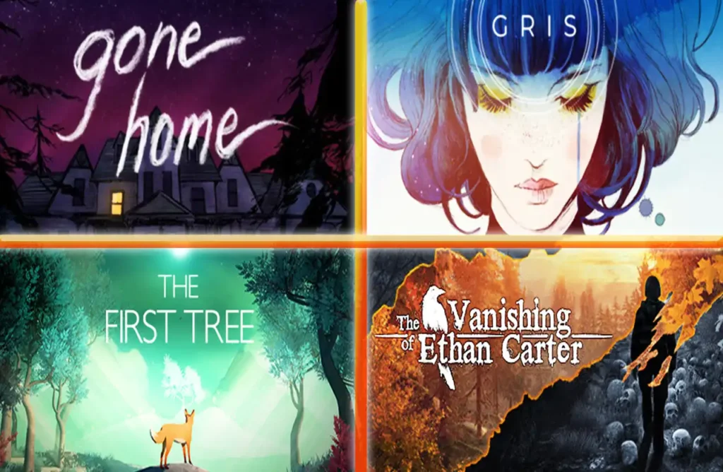 A collage of four video game covers: Gone Home, Gris, The First Tree, and The Vanishing of Ethan Carter.