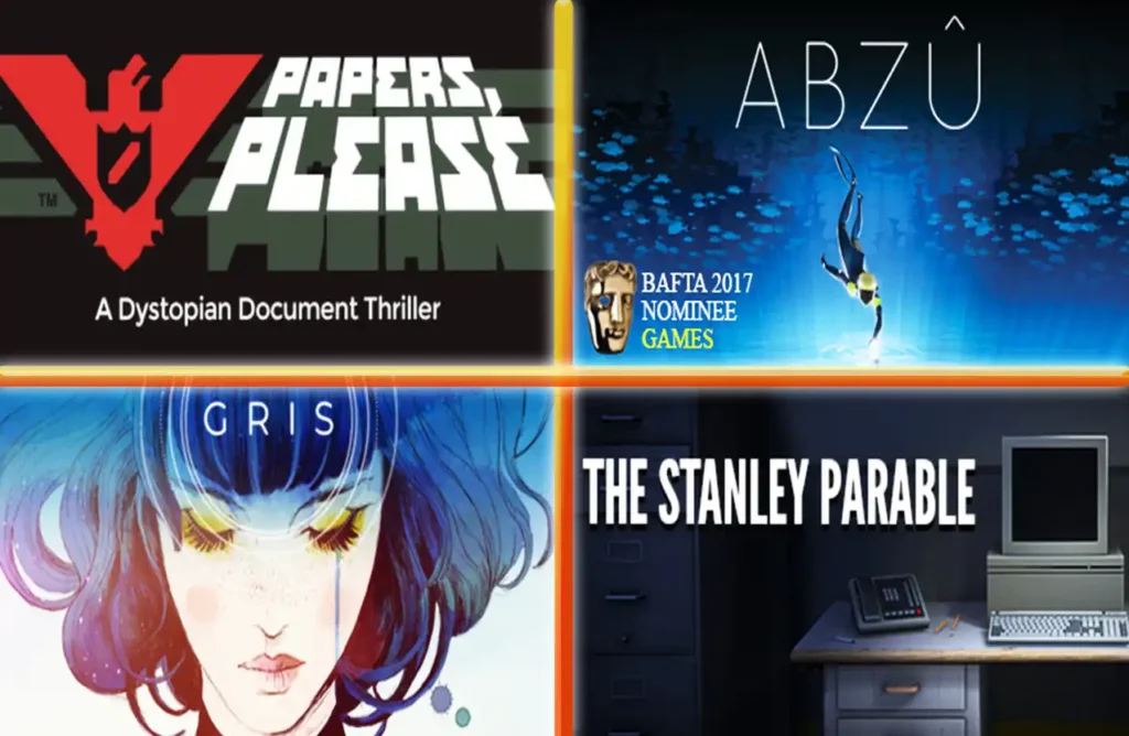 A collage of four game covers: Papers Please, Abzû, Gris, and The Stanley Parable.