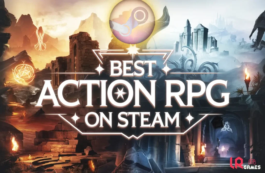 Digital banner with fantasy ruins and magic sigils featuring the text "BEST ACTION RPG ON STEAM" and the Steam logo.