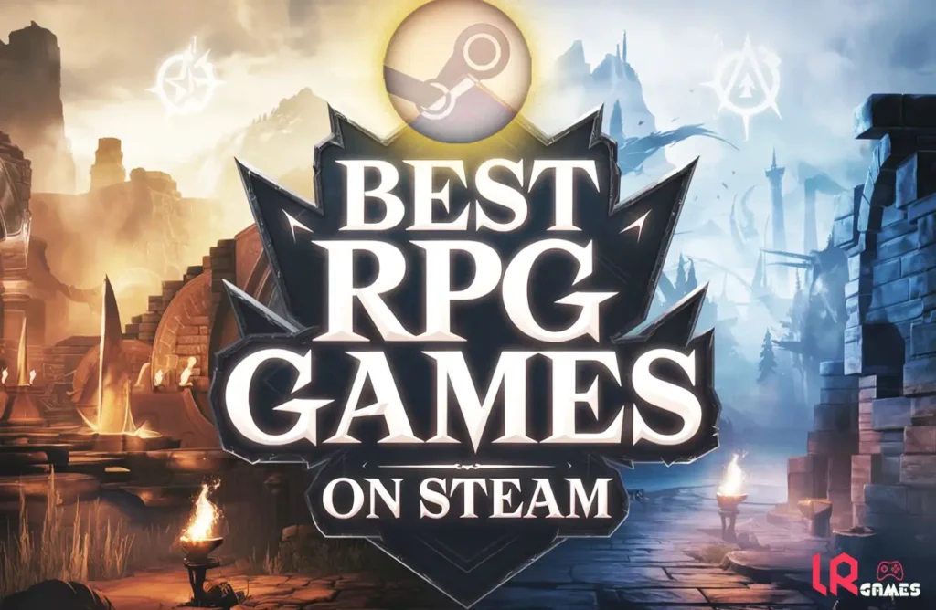 A graphic title card reading "BEST RPG GAMES ON STEAM" with a Steam logo at the top and a fantasy ruin background.