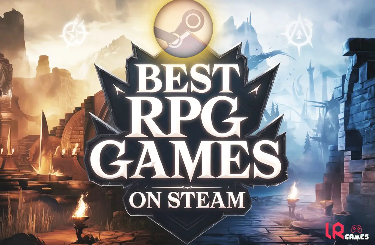 A graphic title card reading "BEST RPG GAMES ON STEAM" with a Steam logo at the top and a fantasy ruin background.