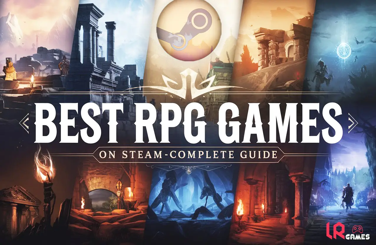 A promotional banner featuring a collage of fantasy video game environments with the text "BEST RPG GAMES ON STEAM - COMPLETE GUIDE" and the Steam logo.