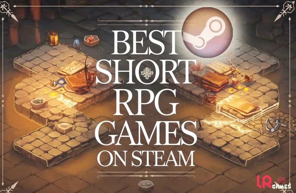 An isometric illustration of a stone dungeon floor covered in books, scrolls, and potions. Large white text overlays the art reading "BEST SHORT RPG GAMES ON STEAM" next to a glowing Steam logo.