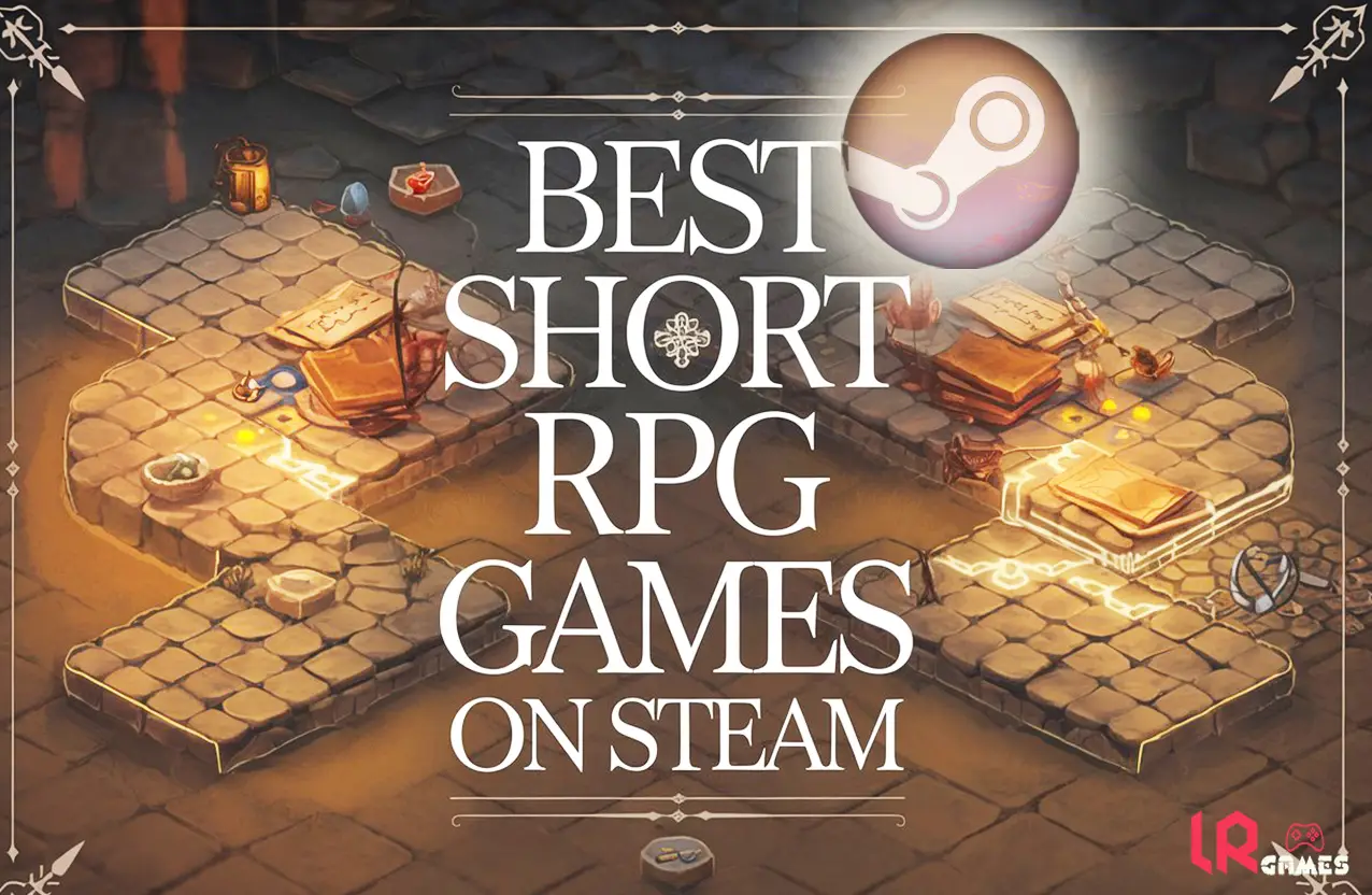 An isometric illustration of a stone dungeon floor covered in books, scrolls, and potions. Large white text overlays the art reading "BEST SHORT RPG GAMES ON STEAM" next to a glowing Steam logo.