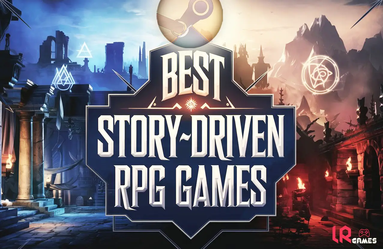 Best Story-Driven RPG Games" graphic text centered on a shield logo against a fantasy ruins background with the Steam logo on top.