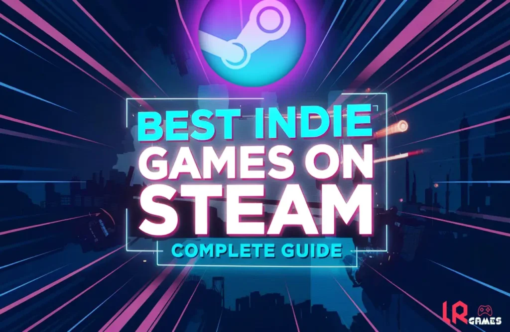 Neon-style promotional graphic featuring the Steam logo and bold text reading "Best Indie Games on Steam: Complete Guide."