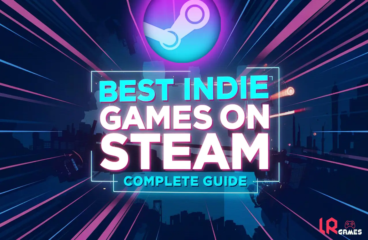 Neon-style promotional graphic featuring the Steam logo and bold text reading "Best Indie Games on Steam: Complete Guide."