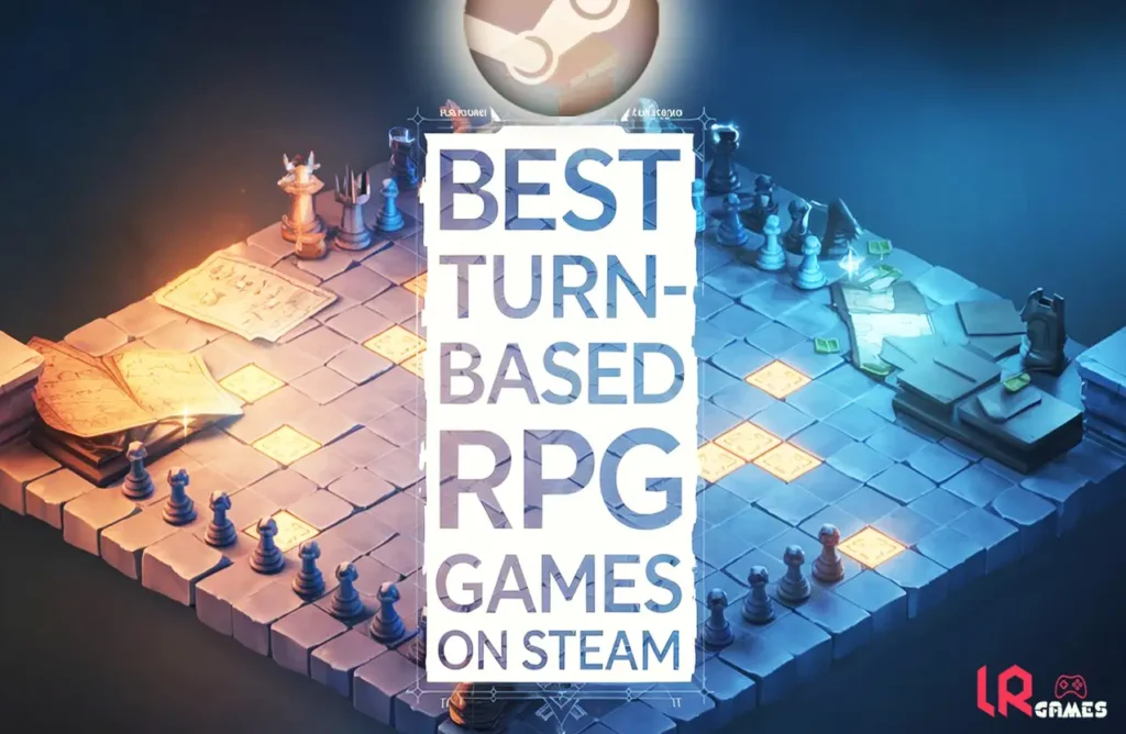 An isometric digital chess board with glowing pieces and text overlay reading "Best Turn-Based RPG Games on Steam."