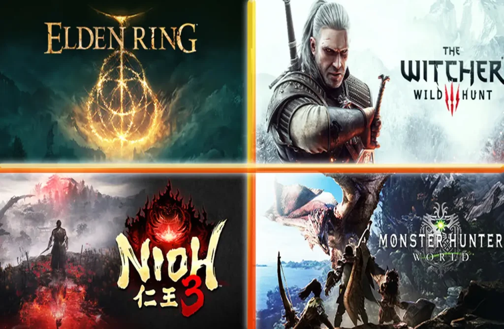 Split-screen collage showing cover art for Elden Ring, The Witcher 3: Wild Hunt, Nioh, and Monster Hunter World.