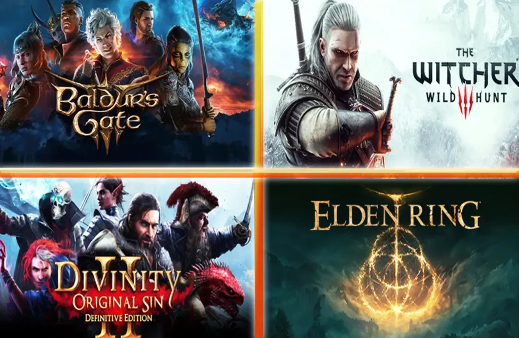 A four-panel grid showing game covers for Baldur's Gate 3, The Witcher 3: Wild Hunt, Divinity: Original Sin II, and Elden Ring.