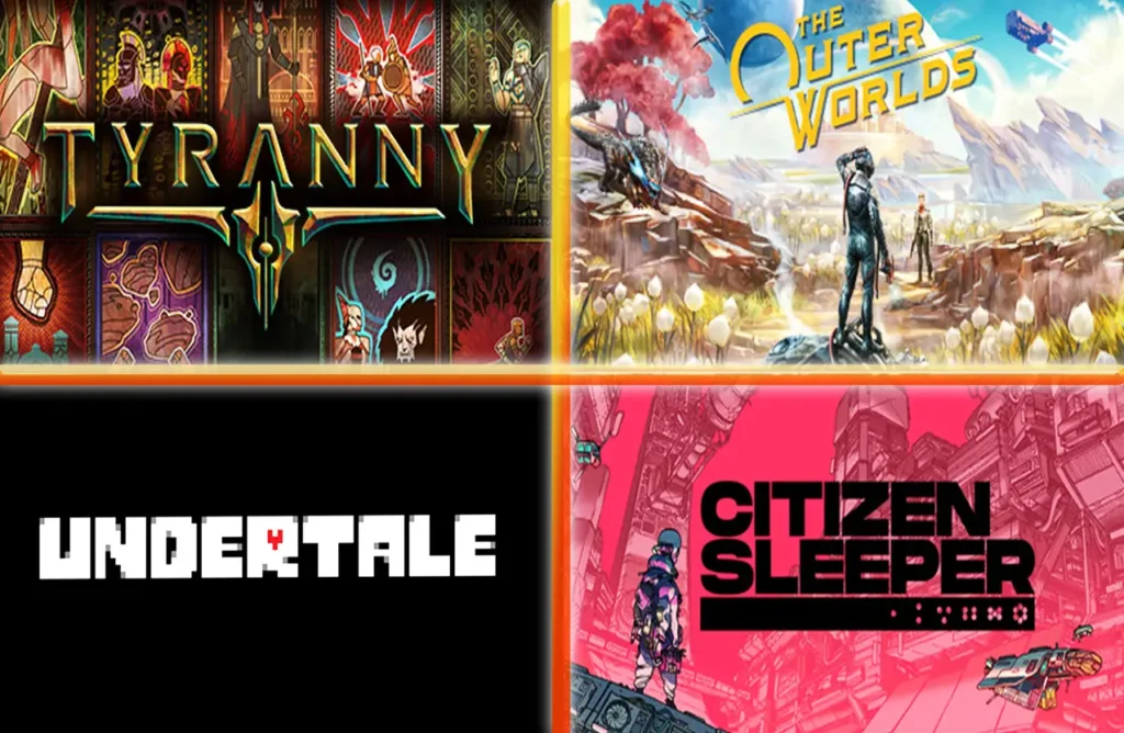 A split-screen collage of four video game promotional covers: Tyranny, The Outer Worlds, Undertale, and Citizen Sleeper.