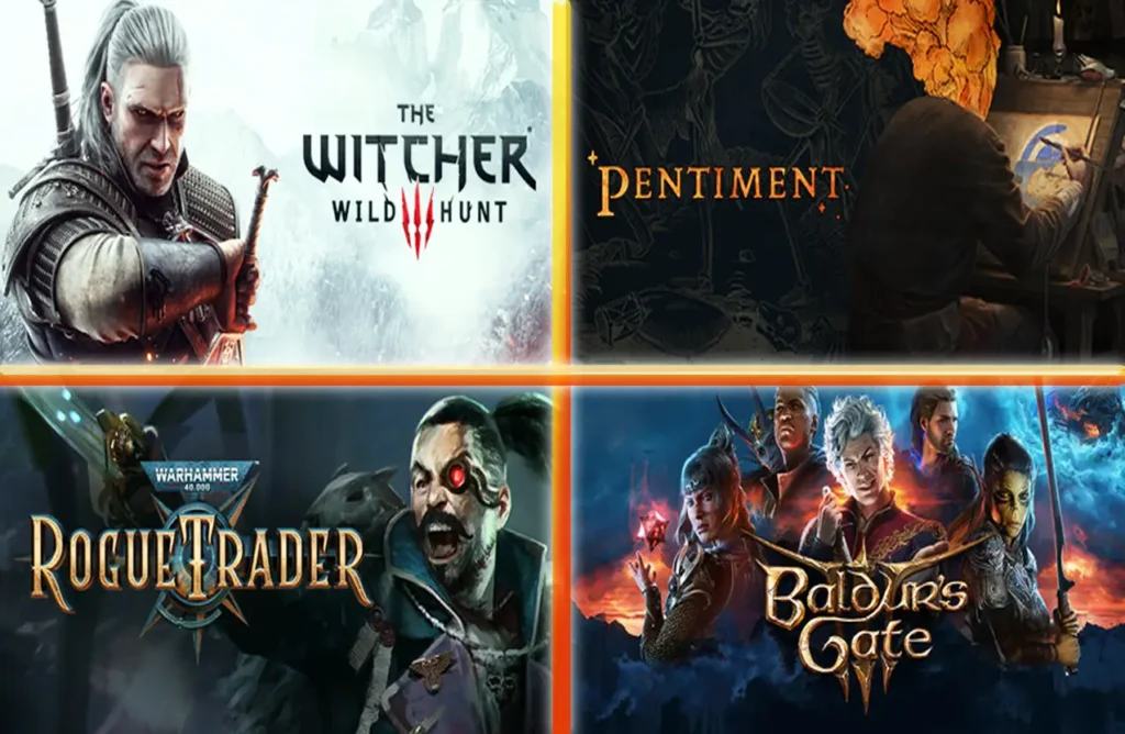 Grid of game covers including The Witcher 3, Pentiment, Warhammer 40k: Rogue Trader, and Baldur's Gate 3.