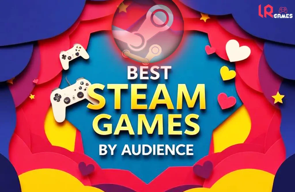 Colorful paper-cutout style background with hearts, stars, and controllers surrounding text "Best Steam Games By Audience