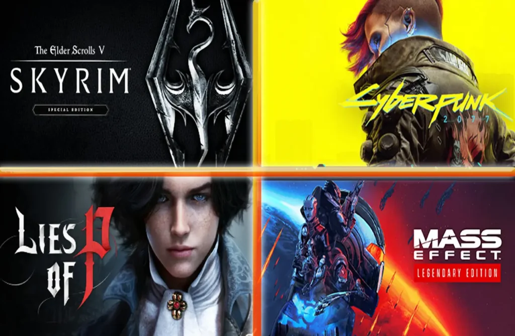 A four-panel grid showing game covers for The Elder Scrolls V: Skyrim, Cyberpunk 2077, Lies of P, and Mass Effect Legendary Edition.