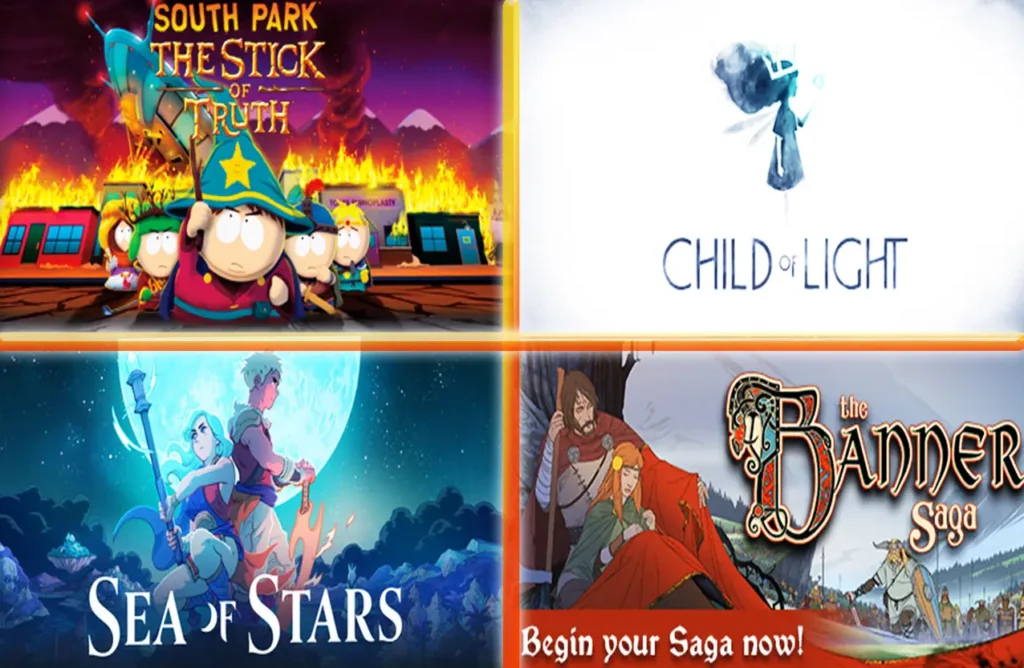 A split-screen collage of four video game promotional covers: South Park: The Stick of Truth, Child of Light, Sea of Stars, and The Banner Saga.