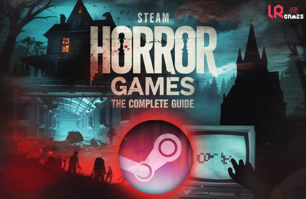Dark, spooky background featuring a haunted house, zombie silhouettes, and an old TV screen with text "Steam Horror Games: The Complete Guide.