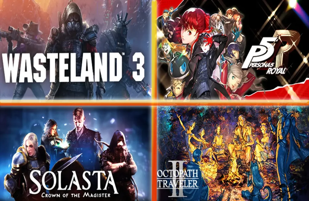 Game covers for Wasteland 3, Persona 5 Royal, Solasta: Crown of the Magister, and Octopath Traveler II.
