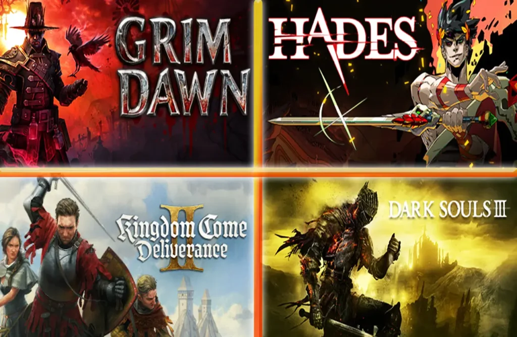 Split-screen collage showing cover art for Grim Dawn, Hades, Kingdom Come: Deliverance II, and Dark Souls III.