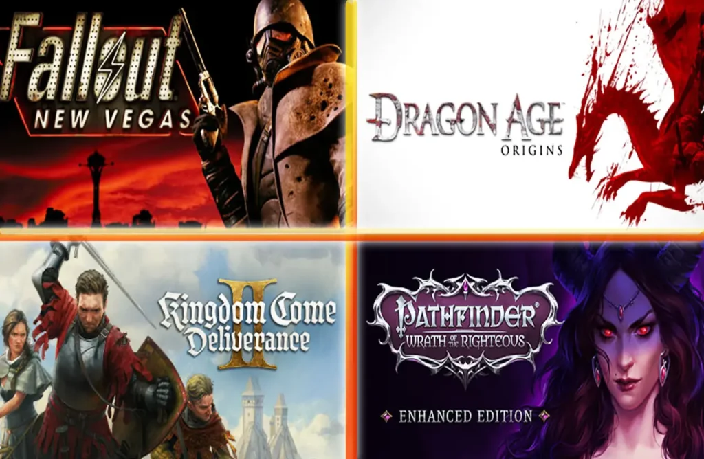 A four-panel grid showing game covers for Fallout: New Vegas, Dragon Age: Origins, Kingdom Come: Deliverance, and Pathfinder: Wrath of the Righteous