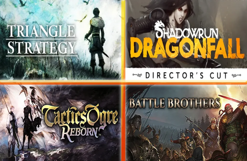 Game covers for Triangle Strategy, Shadowrun: Dragonfall, Tactics Ogre: Reborn, and Battle Brothers.