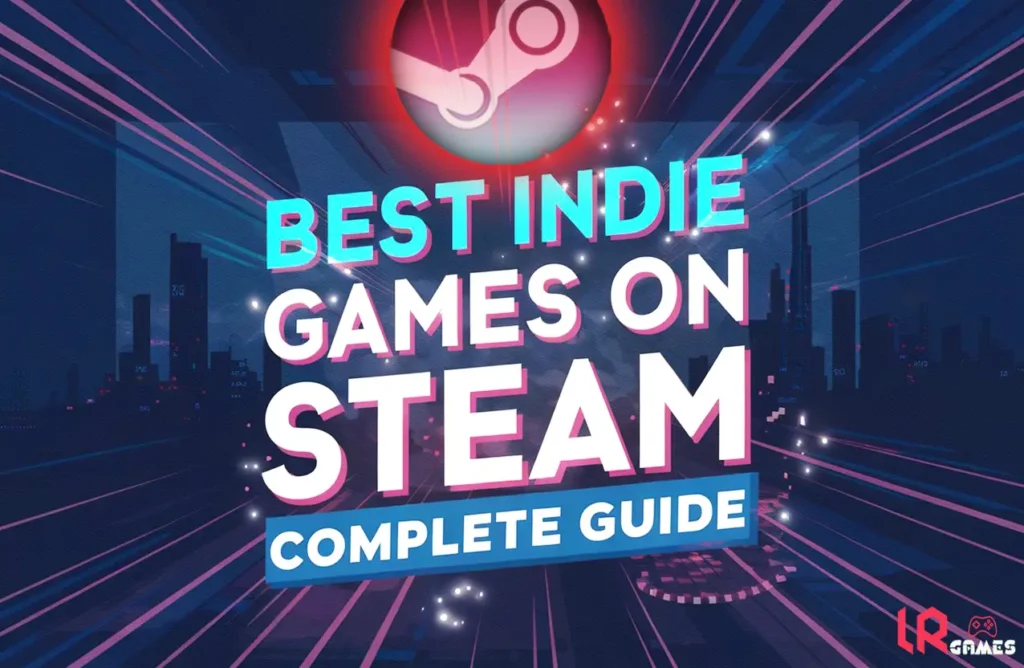 Neon cyberpunk cityscape with blue and pink glitch effects and text "Best Indie Games on Steam: Complete Guide.