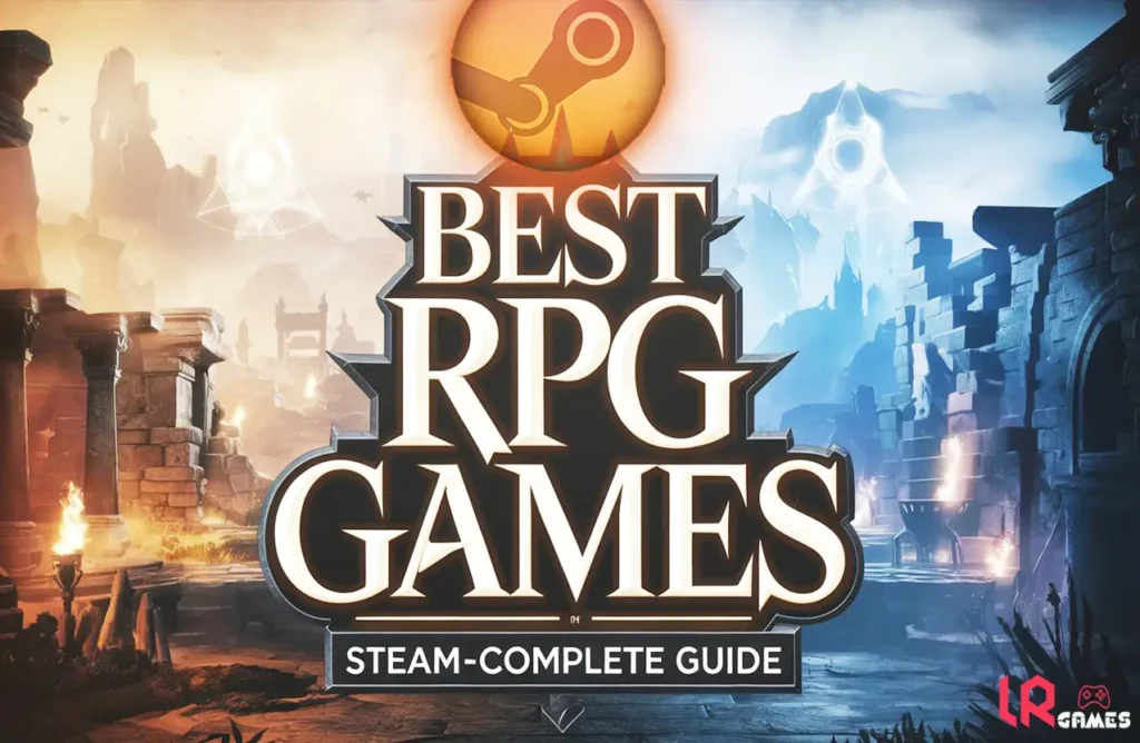 Fantasy setting with ancient ruins and magical glowing symbols behind text "Best RPG Games Steam - Complete Guide.