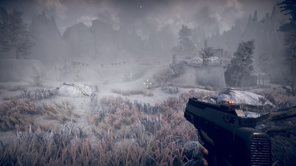First-person view holding a rifle in a desolate, snowy outdoor landscape with dead grass, a distant cabin, and strange, smooth white rock formations.