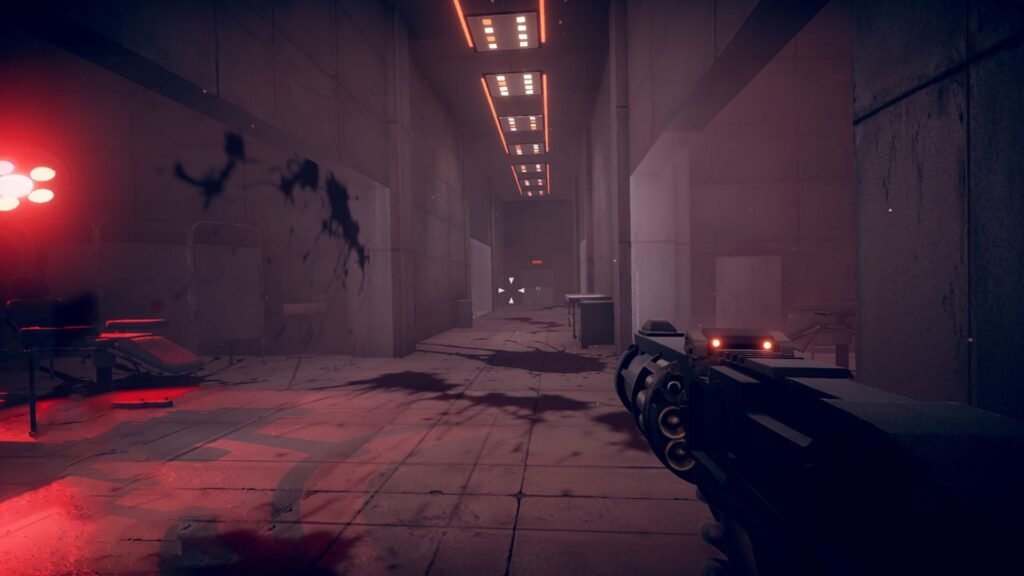 First-person view holding a heavy revolver in a sterile, grey hallway illuminated by red emergency lights, with massive blood splatters across the floor and wall.