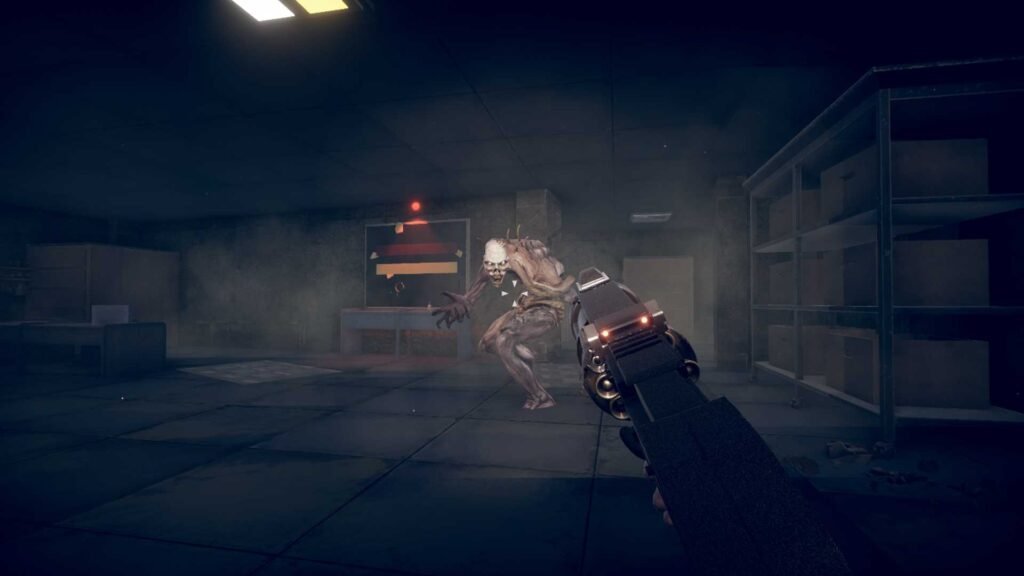 First-person view aiming a revolver at a pale, horrific mutated humanoid creature lunging forward in a messy, dimly lit room.