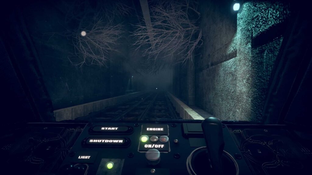 First-person view from inside a train driver's cabin, looking down a dark tunnel with hanging roots, featuring a control panel with glowing buttons in the foreground.